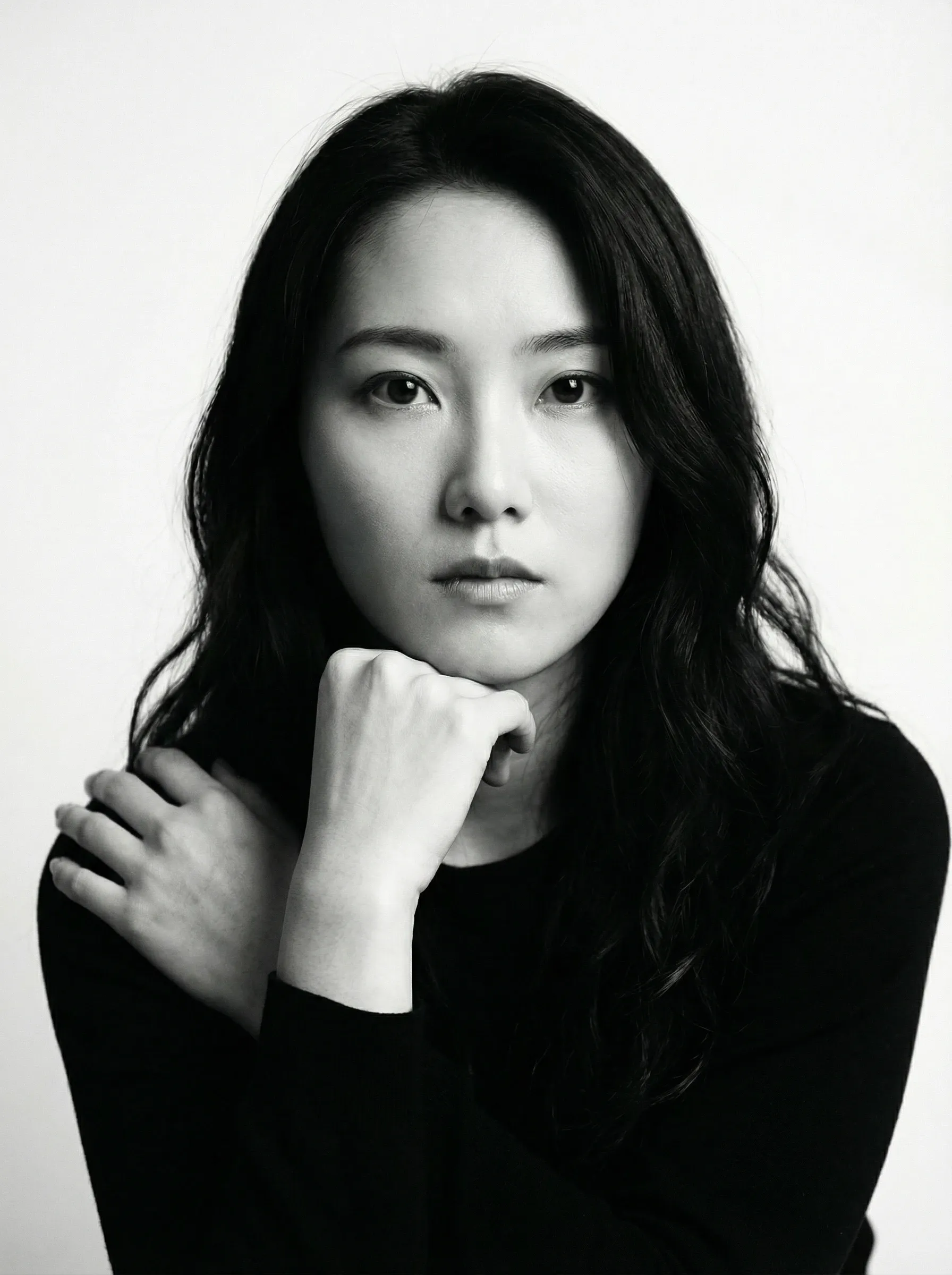 AI actress headshot — black and white portrait of a woman in a black top with her chin resting on her hand